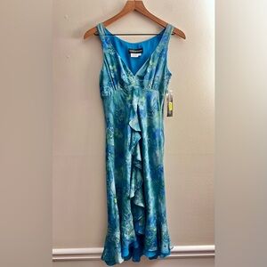 Donna Morgan blue green Watercolor ocean butterfly floral ruffle dress Silk NWT